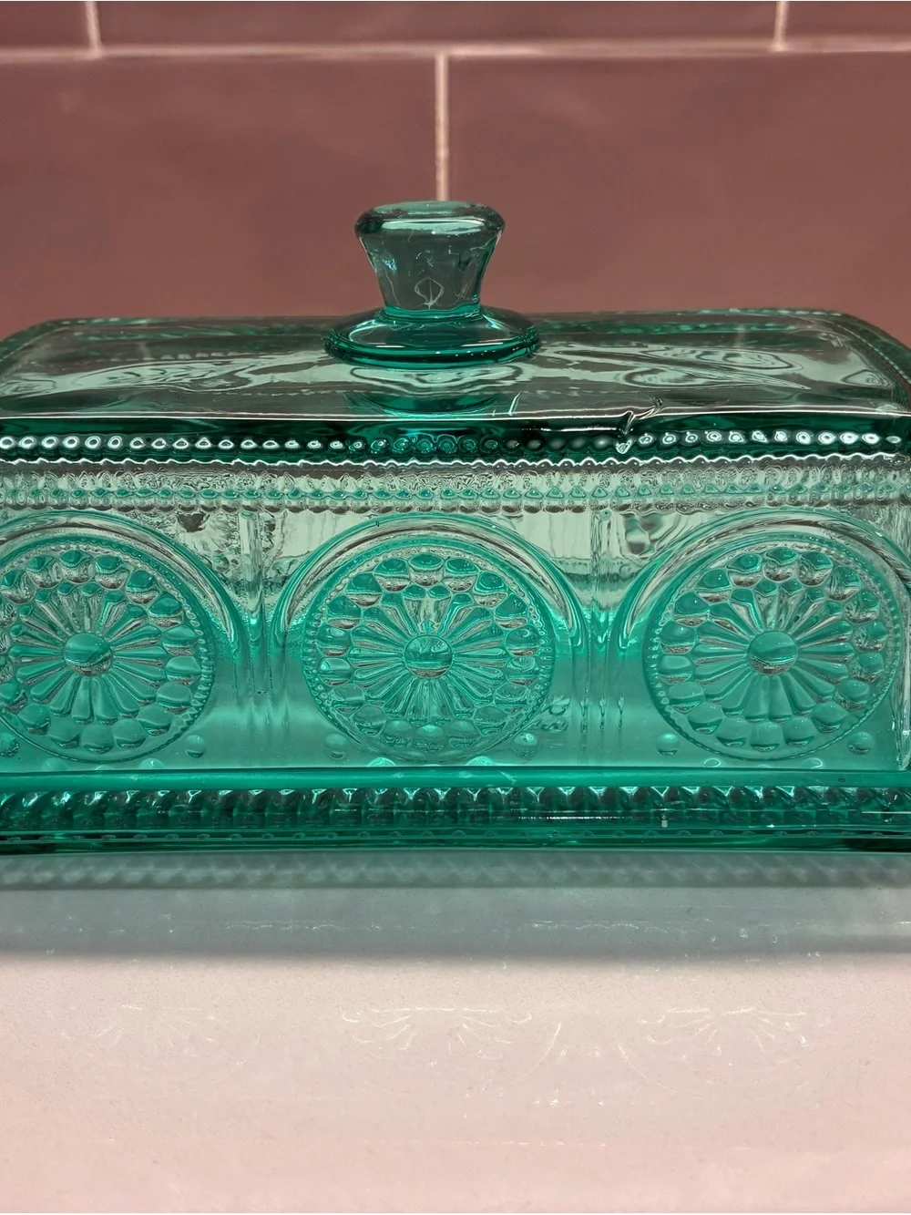 The Pioneer Woman Adeline Teal Pressed Glass Butter Dish with Lid